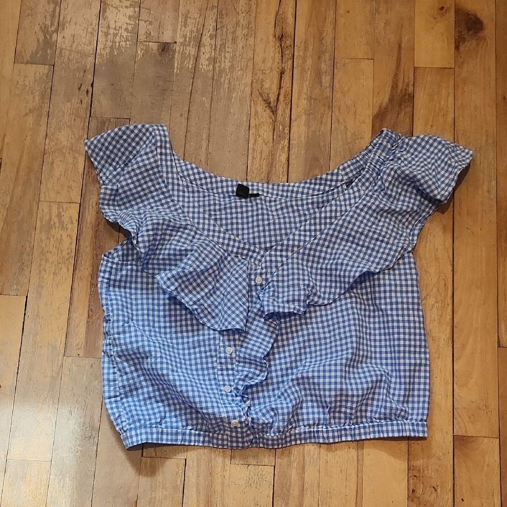 Simons Blue Gingham Ruffle Crop Top